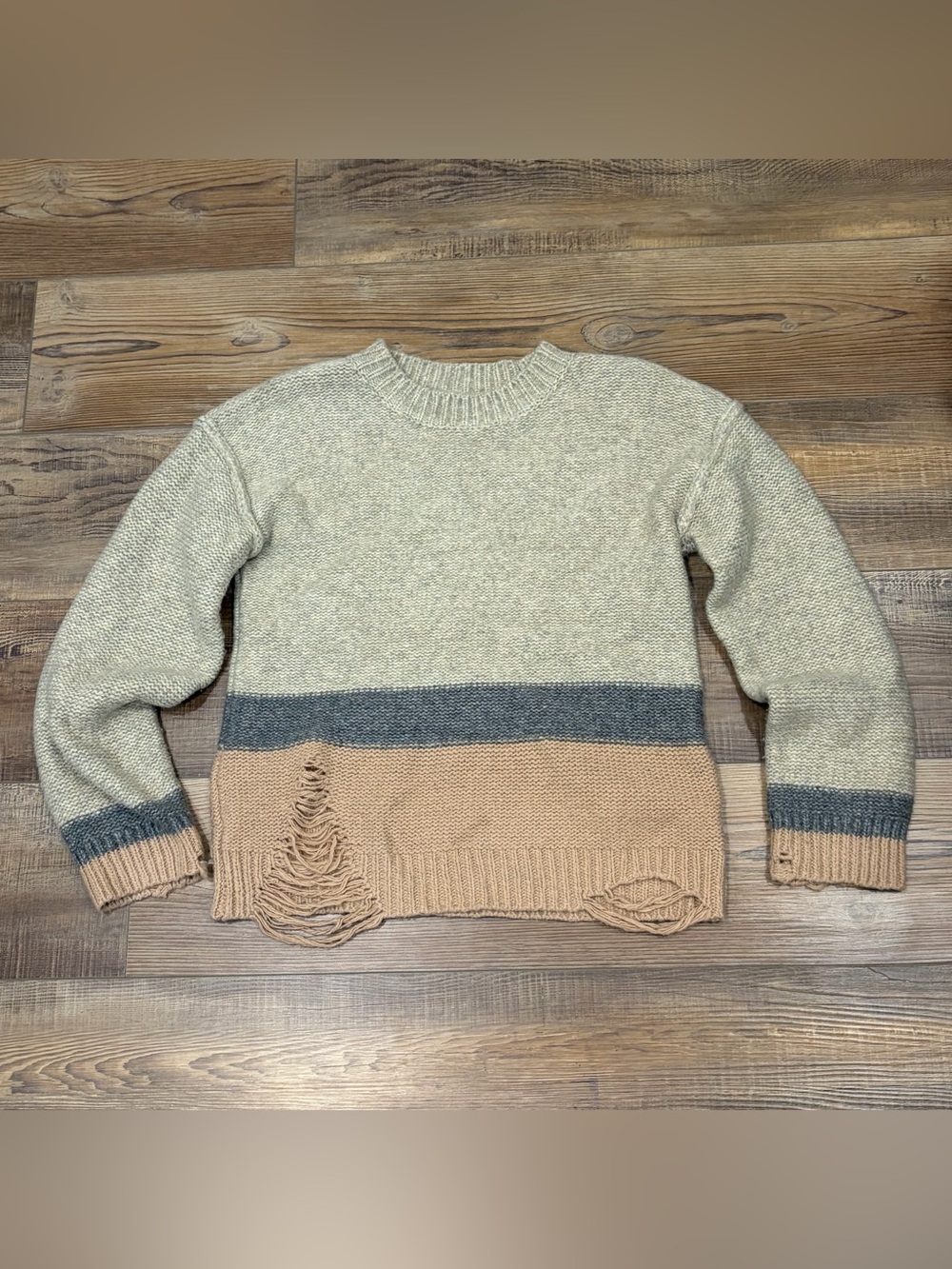 Hem & Thread Colorblock stripped Crewneck Sweater Cream Gray Tan distressed